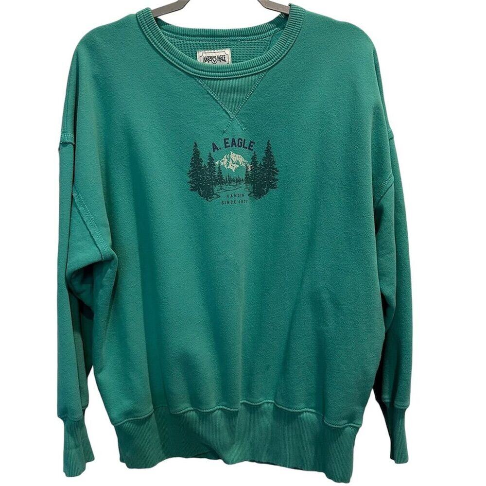American Eagle Unisex XS Green Graphic‎ Crewneck Pullover Sweater
